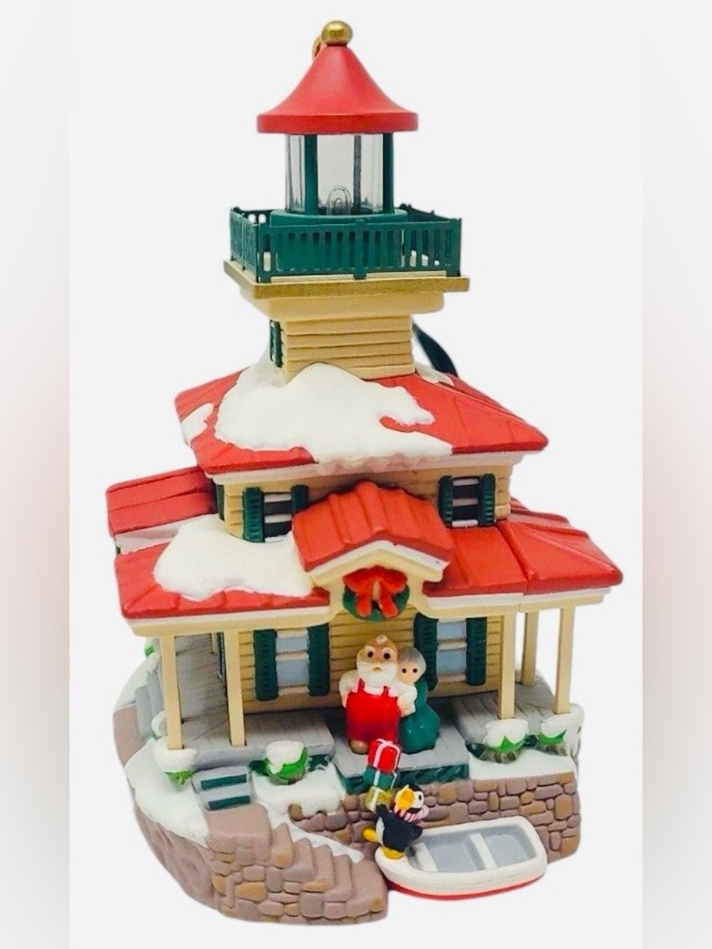 Holiday Lighthouse Greetings Figurine Decoration in Red and Green